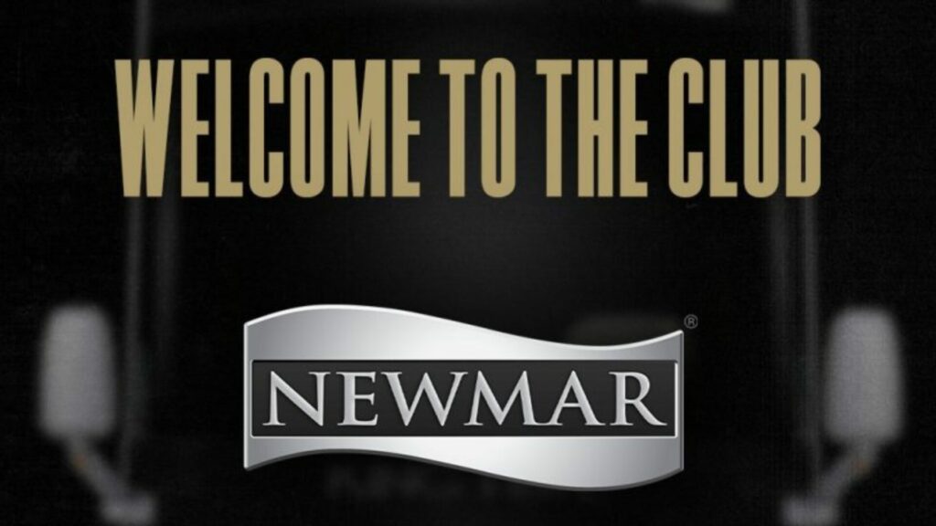 Newmar promotional photo that states Welcome to the Club - Newmar with a dark background. 