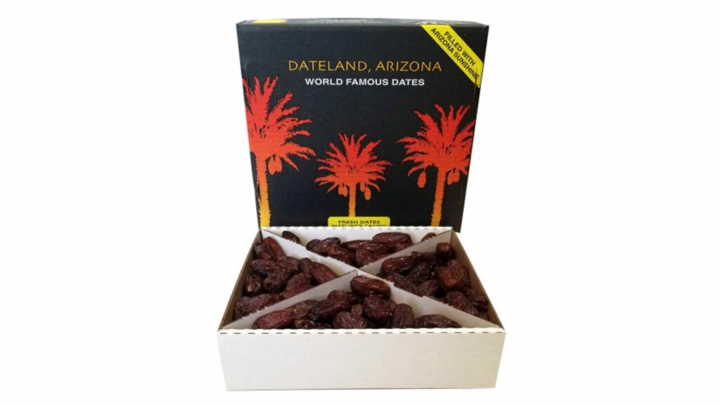 A photo of one of the boxes of dates for sale on the Dateland website. It has four sections of varying dates.