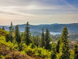 A scenic view of the lake at Snowflower Thousand Trails RV Resort.