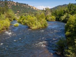 An aerial view of the river at Marshall Gold Discovery State Historic Park.