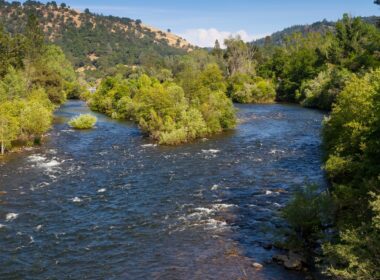 An aerial view of the river at Marshall Gold Discovery State Historic Park.