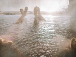 A photo of two people in hot springs in Truth or Consequences, NM.